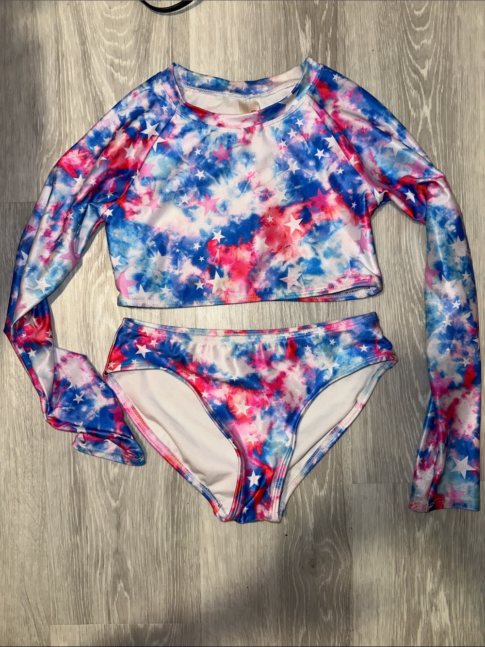 Kids Long-Sleeve Two-Piece Swim Set - Red, White, and Blue Tie-Dye Stars